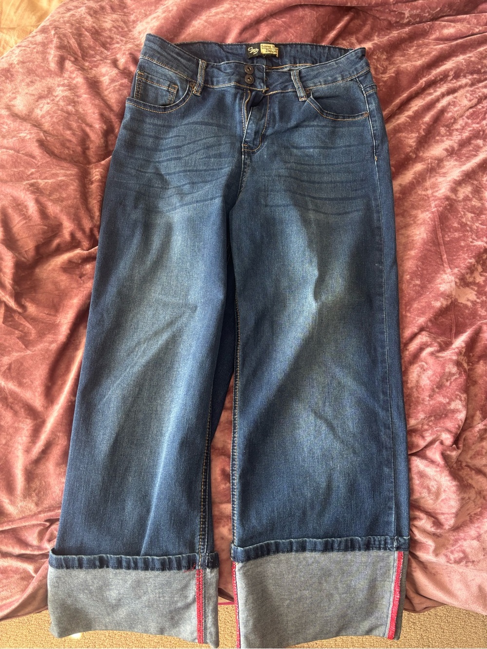 Size 12 Suzanne Betro Denim Blue Jeans with Gold Stitching